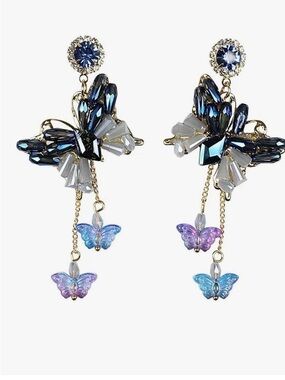 Crystal Butterfly Drop Earrings - Blue & Purple